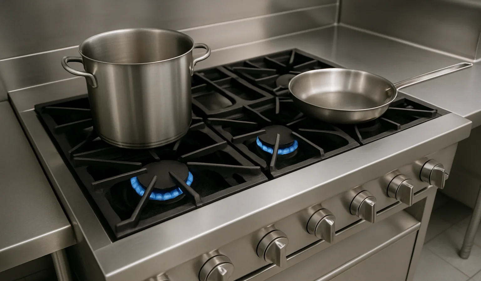 Professional B2B editorial photography, clean composition, neutral colors, no text in image. Professional overhead shot of a stainless-steel six-burner commercial gas range in a...
